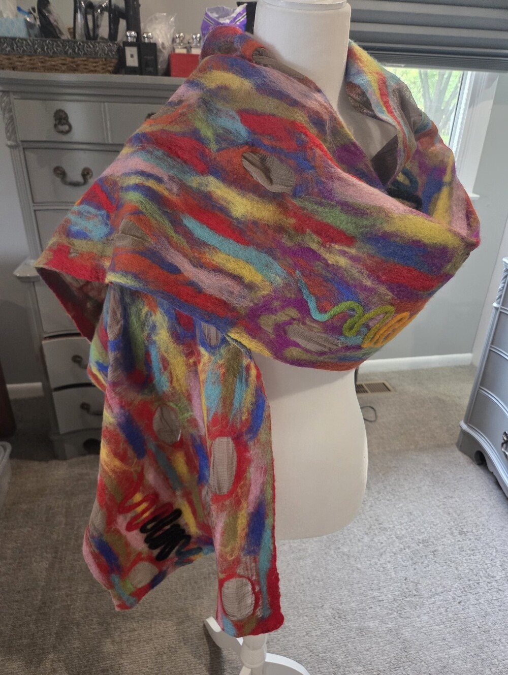 Art To Wear Multicolor Felted Wool And Silk Scarf Or Shawl